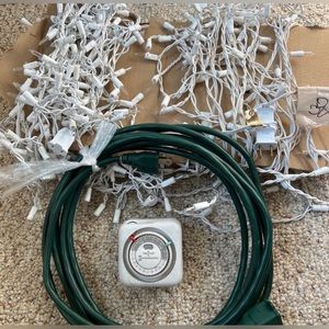 Christmas Icicle Lights Bundle 2 Strings 300 White Cord Timer Extension Cord